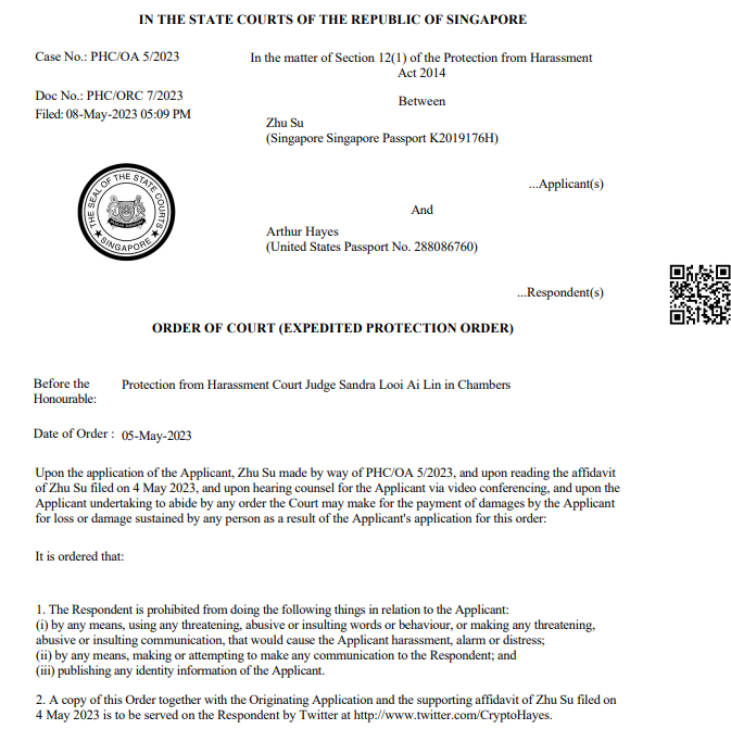 Orden de alejamiento de Zhu Su contra el cofundador de BitMEX Arthur Hayes (Tribunal de Protección contra el Acoso de Singapur)