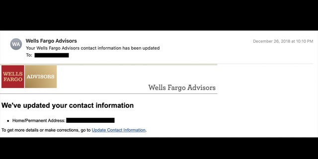 Una declaración de Wells Fargo con el domicilio y la dirección permanente redactados por Fox News Digital. 