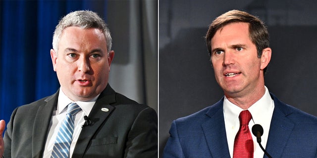 El Comisario de Agricultura republicano de Kentucky, Ryan Quarles (izquierda), y el Gobernador demócrata de Kentucky, Andy Beshear (derecha).