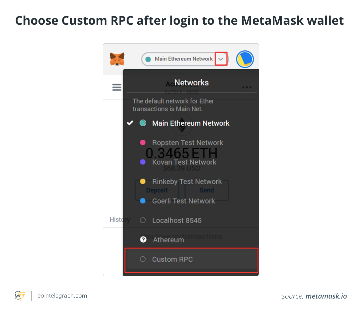 Seleccione Custom RPC después de iniciar sesión en la cartera MetaMask